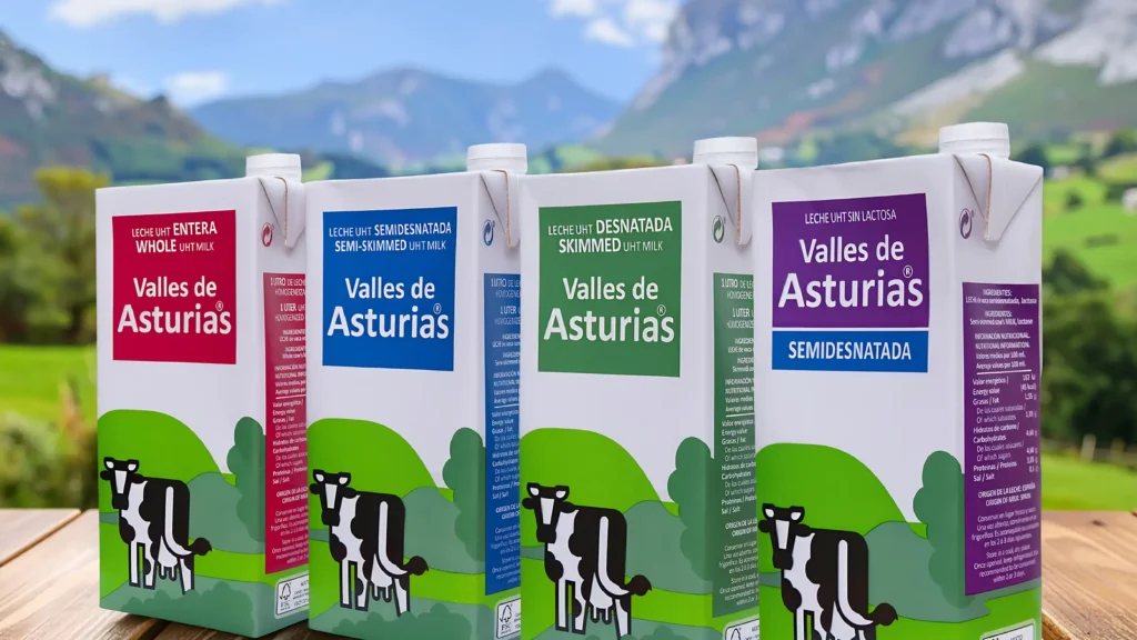 Gama de leche Valles de Asturias: entera, semidesnatada, desnatada y sin lactosa