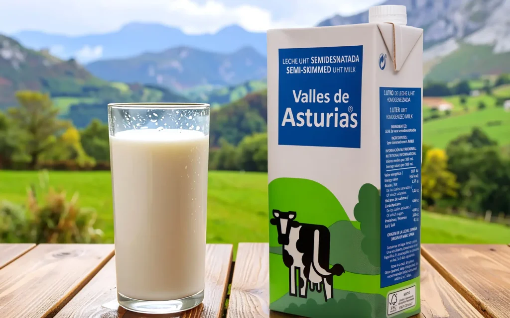 Leche Valles de Asturias semidesnatada con un vaso de leche y montañas asturianas