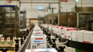 Línea de envasado de leche UHT en briks en la fábrica de Lactavisa