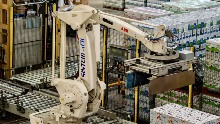 Robot paletizando cajas de briks de leche en la planta de Lactavisa en Avilés